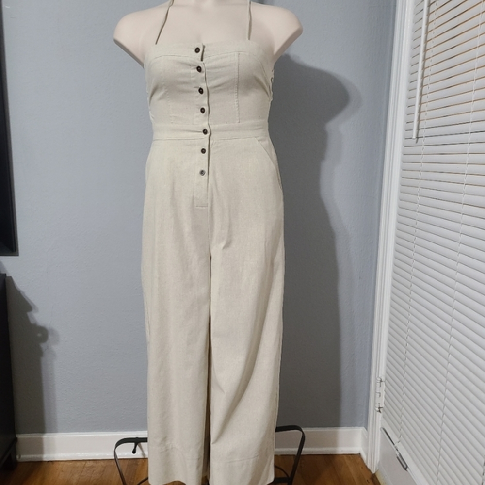Lulus Beach Day Beige Backless Jumpsuit Medium